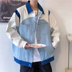 拼接皮袖牛仔外套男潮牌宽松休闲设计感小众高街ins夹克J8511-P70图片