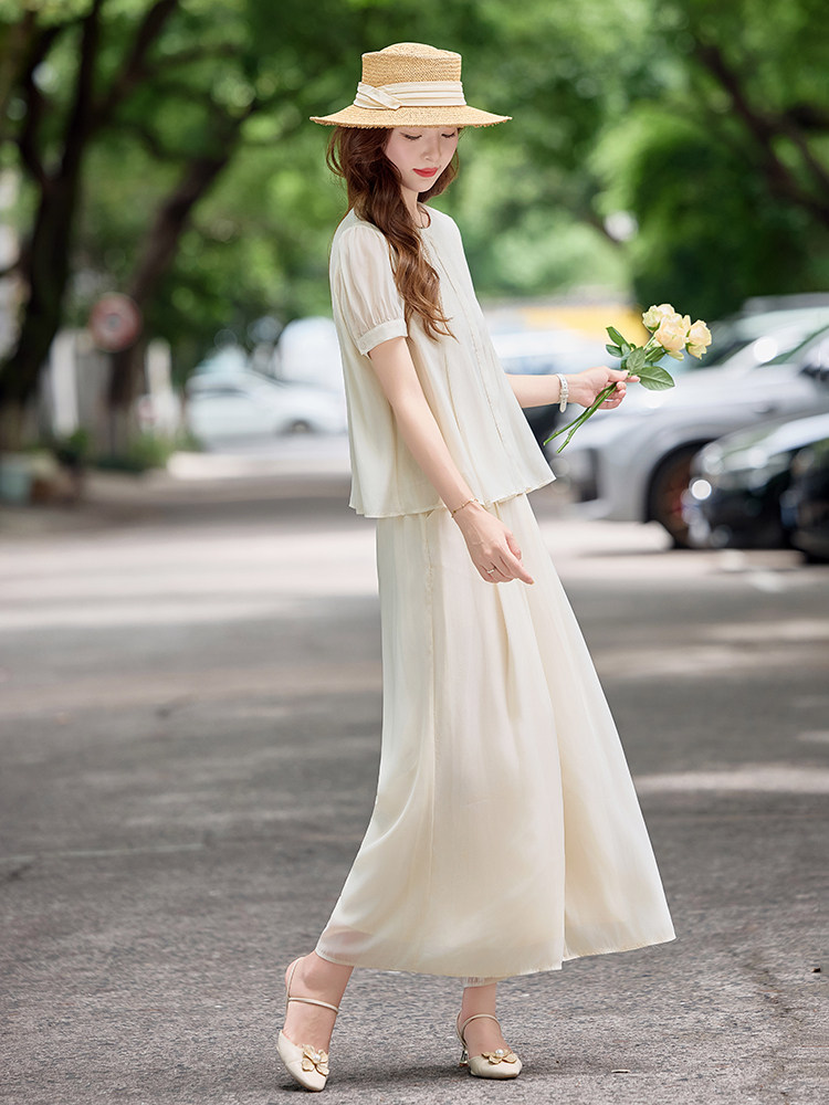 温柔风短袖上衣阔腿裤套装女夏新款松弛感宽松显瘦两件套,女装套装/套裙,水衣源