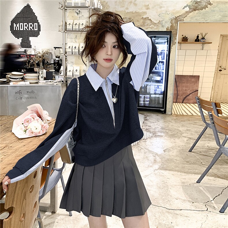 【现货】假两件条纹拼接卫衣82687-P120-K168,女装卫衣/绒衫,2B076