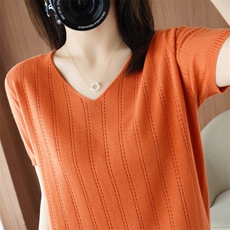 100%纯棉V领短袖女夏季新款纯色百搭T恤上衣打底宽松棉麻针织半袖，女装针织衫/毛衣，秋双羊绒