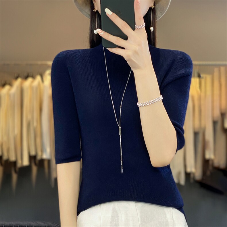 无缝精纺修身短袖立领紧身弹力t恤女2025秋季针织打底衫毛衣内搭,针织衫/毛衣,暖烁羊绒