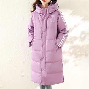 【现货】紫色中长款加厚羽绒服女撞色条纹边直筒图片