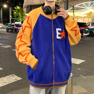 针织开衫男女韩版潮流拼色字母提花宽松2024冬季ins毛衣MZ608-P67图片