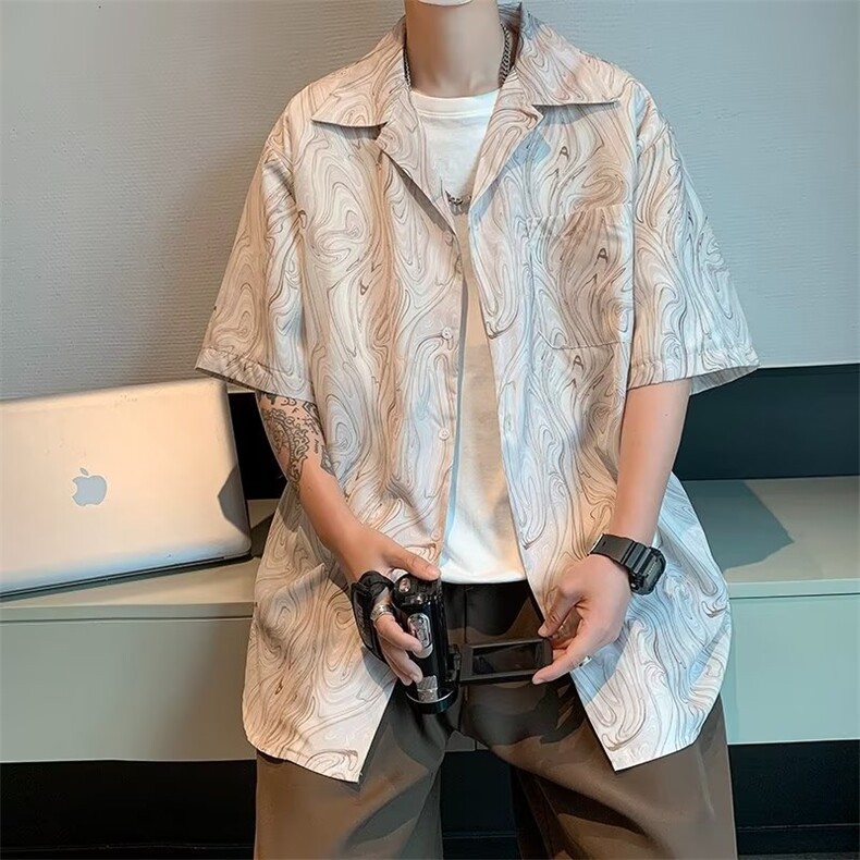 高级感冰丝衬衫男短袖夏季港风古巴领衬衣韩版潮流垂感宽松外套,男装衬衫,星座1013