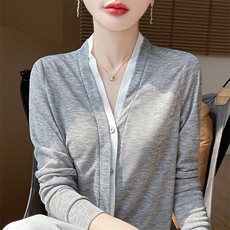 V领假两件开衫长袖气质百搭女，女装针织衫/毛衣，绒宛羊绒