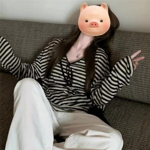 美式复古撞色条纹防晒罩衫t恤女宽松休闲慵懒松弛感上衣薄款图片