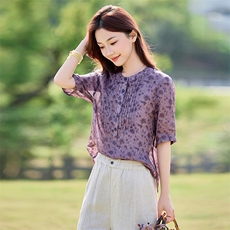 文艺风2026年春季女短袖宽松亲肤透气文艺/优雅，女装衬衫，江南依恋