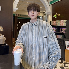 美式复古条纹衬衫外套男宽松长袖衬衣XZ225-3-CS04-P55控78，男装衬衫，星座225-3