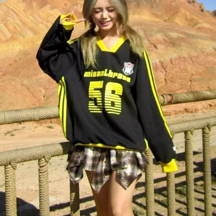 美式设计感足球元素卫衣男女春秋季潮牌宽松休闲撞色运动V领球衣,男装卫衣,星座506A