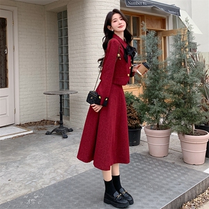 法式红色小香风套装裙女2025春秋新款气质女神范上衣半身裙两件套图片