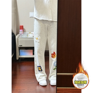 抖音得物高品质秋冬季重磅花卉刺绣潮流运动宽松加绒直筒休闲卫裤图片