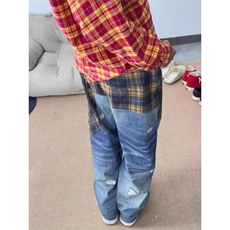 美式小众设计感格纹3D打印牛仔裤男女cleanfit潮流宽松直筒长裤，男装牛仔裤，星座506A