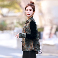 新中式撞色丝绒长袖T恤女春秋设计小众拼接提花打底复古气质上衣，女装T恤，雪樱依海