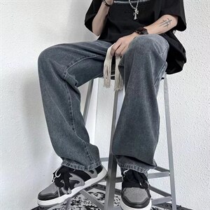 男士牛仔裤潮牌ins抽绳阔腿拖地裤青年百搭坠感直筒长裤NK310-p43图片