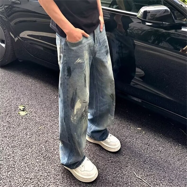复古蓝美式高街复古牛仔裤男春秋季新款设计感vibe工装直筒裤,男装牛仔裤,四季星座505
