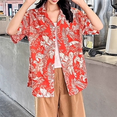 泰式古巴领碎花短袖衬衫男女宽松复古度假情侣衬衣A2515-P27，男装T恤，星座208-5
