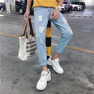 夏季男士牛仔裤韩版修身小脚破洞九分裤百搭乞丐裤男裤子n889图片