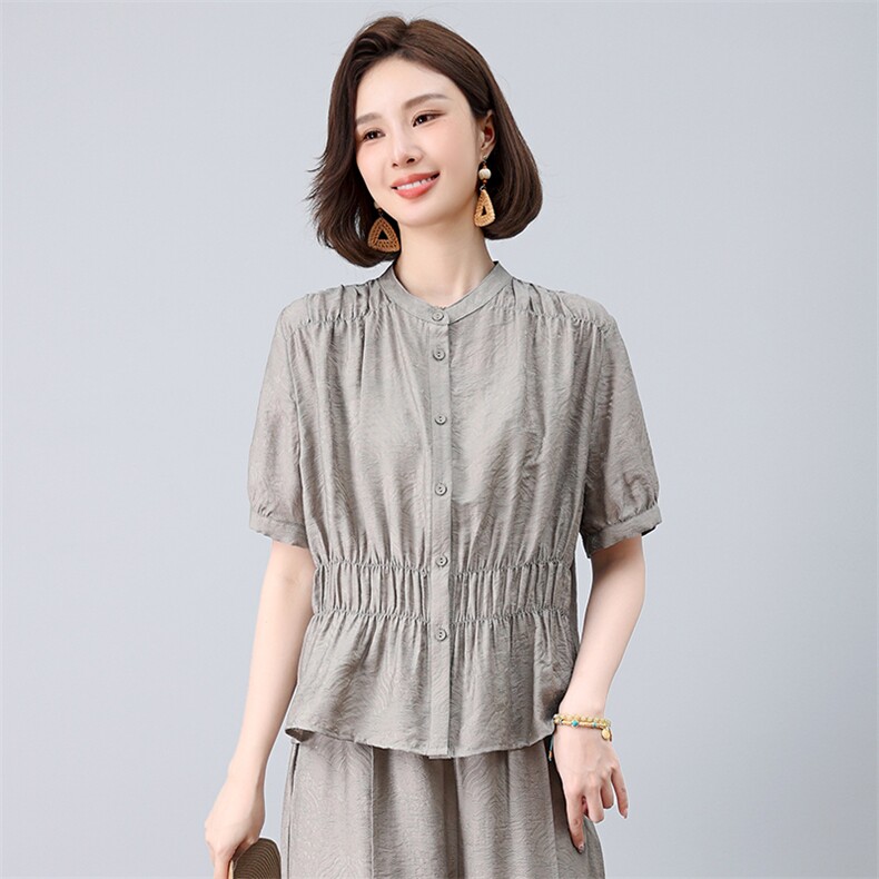 女2025夏季优雅短袖天丝亚麻衬衫阔腿裤时尚上衣可单卖，女装衬衫，曼沙奕珂