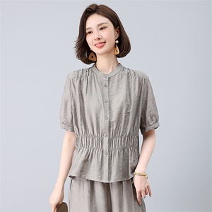 女2025夏季优雅短袖天丝亚麻衬衫阔腿裤时尚上衣可单卖，女装衬衫，曼沙奕珂