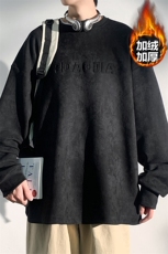 麂皮绒ins宽松卫衣男港风潮牌字母钢印打底衫W26626J加绒-P55控78，男装T恤，电商A001
