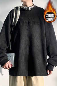 麂皮绒ins宽松卫衣男港风潮牌字母钢印打底衫W26626J加绒-P55控78图片