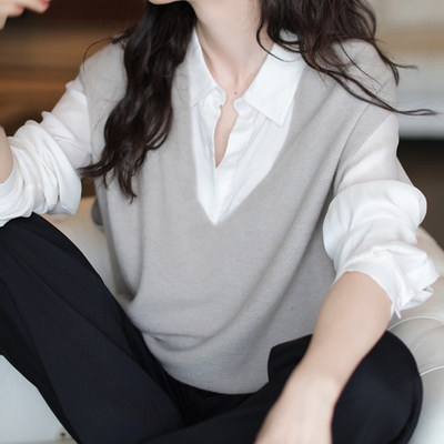 女士仿羊毛双V领宽松马甲秋冬保暖简约休闲，女装马甲，洁纯羊绒