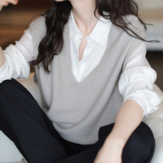 女士仿羊毛双V领宽松马甲秋冬保暖简约休闲，女装马甲，洁纯羊绒