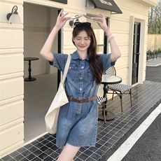 牛仔工装连体短裤女2023夏季新款小个子高腰显瘦气质阔腿连衣裤子，女装连体裤，2D076