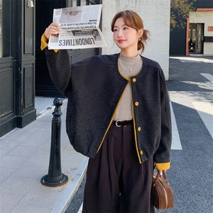 撞色拼接圆领毛呢外套女2025秋冬新款盐甜系宽松百搭小个子呢大衣图片