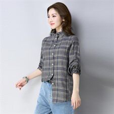 衬衫时尚排扣修身长袖格子条纹优雅2021年春季潮流，女装衬衫，小林双子
