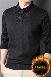 秋冬季中年男士加绒长袖假两件打底上衣秋季翻领男装HPN2807-P95，男装针织衫/毛衣，电商B212（原钱塘6029）