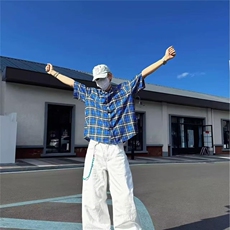 蓝格子衬衫男高级感痞帅短袖薄款美式复古设计感上衣CSA53-P35，男装T恤，星座208-5