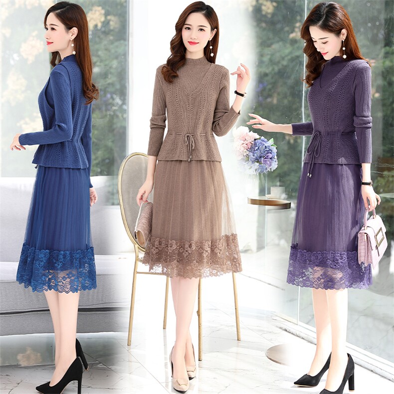 2022冬季新款时尚舒适A字蕾丝边裙摆两件套毛衣连衣裙，女装连衣裙，魅丽静蓝