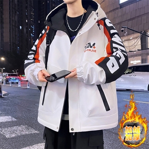 加绒加厚连帽夹克男秋冬时尚潮流加厚棉衣男外套L8658-P87图片