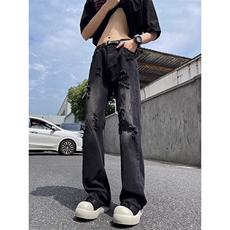 美式复古小众破洞牛仔裤高街设计感ins潮情侣直筒裤KZ47Y28-TP45，男装牛仔裤，电商A247C