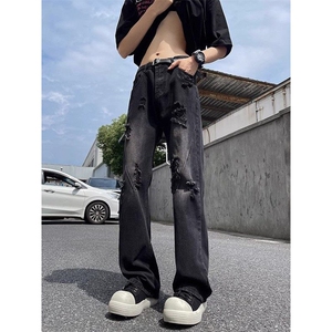 美式复古小众破洞牛仔裤高街设计感ins潮情侣直筒裤 KZ47Y28-TP45图片