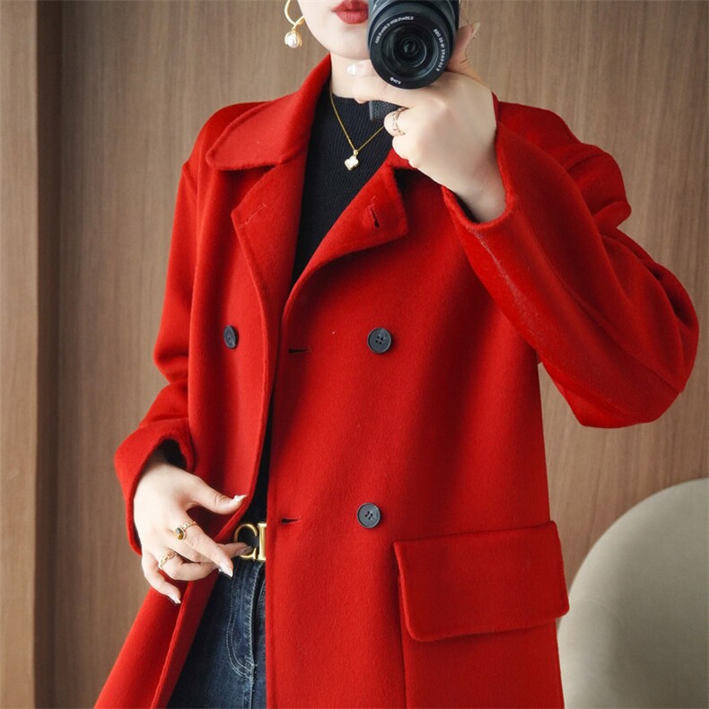 2024秋冬双面呢大衣女中长款加厚韩版新款羊毛呢外套女，女装双面呢大衣，悦洋羊绒