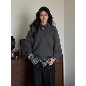 重磅秋冬北极绒亨利领毛衣开衫美式复古休闲慵懒风纯色翻领针织衫