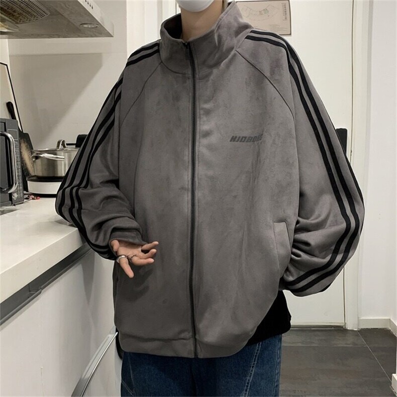 条纹麂皮绒外套男美式复古vibe立领夹克春秋季潮牌宽松休闲棒球服,男装夹克,星座506A