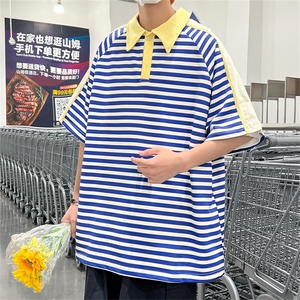 复古条纹polo衫有领T恤男士夏季翻领蓝白五分袖半截短袖PL056-P32图片