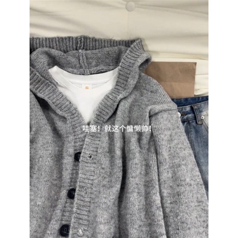 AA1738P55灰色连帽纽扣开衫毛衣男女秋季宽松针织衫,男装针织衫/毛衣,电商B323A