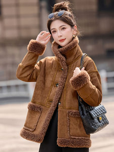 美拉德麂皮绒羊羔毛外套女冬季新款复古宽松加绒加厚立领皮毛一体图片