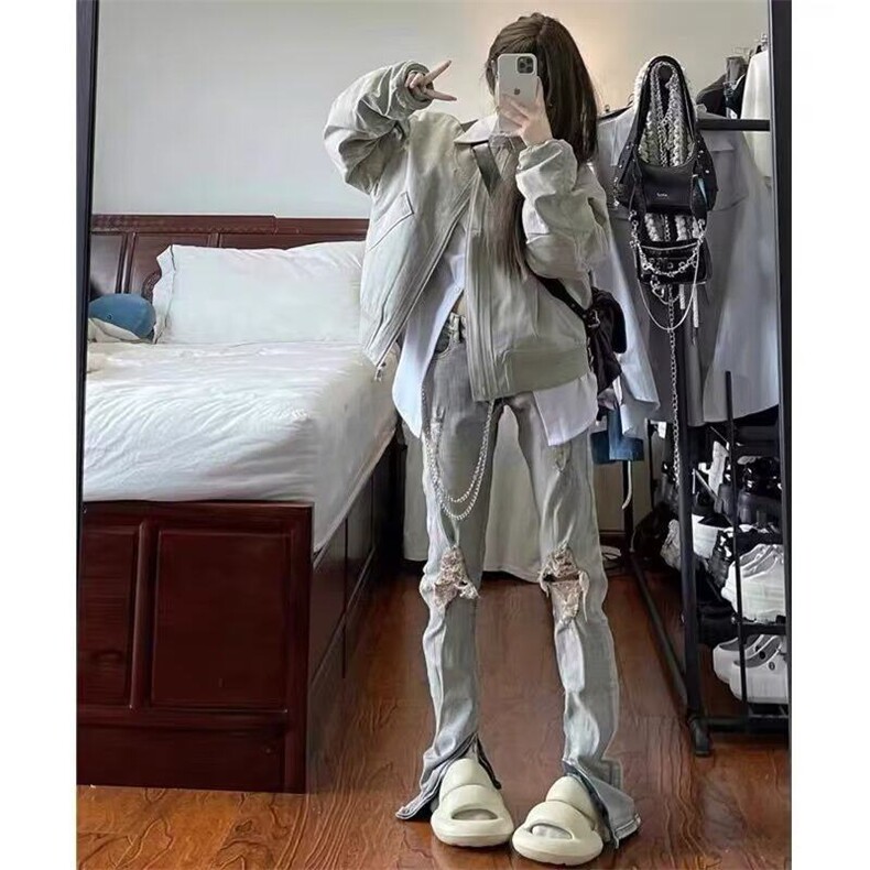 破洞牛仔裤男款ins高街设计感小众直筒裤宽松修身裤子LGN8802-P45,男装牛仔裤,星座1008