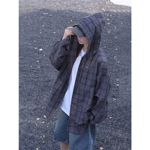 网图有货 夏季格子连帽薄衬衣宽松情侣格纹衬衫上衣外套 A636-P40图片