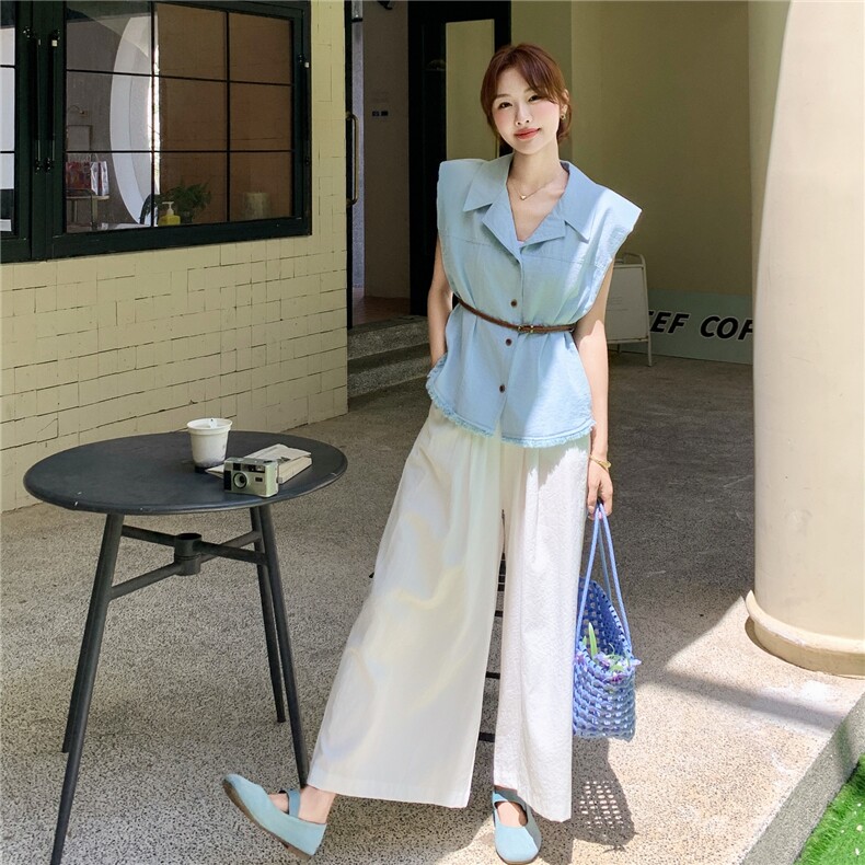 蓝色又酷又飒衬衫马甲休闲裤套装2025新款女夏轻熟通勤穿搭两件套,女装套装/套裙,2C166