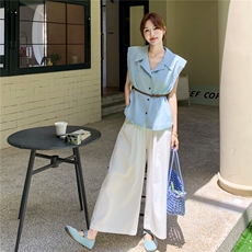 蓝色又酷又飒衬衫马甲休闲裤套装2025新款女夏轻熟通勤穿搭两件套，女装套装/套裙，2C166