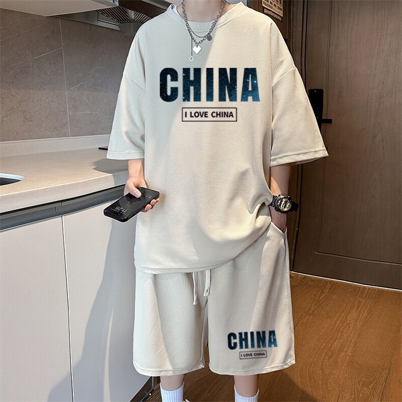 夏季新款华夫格短袖套装男韩版宽松青年帅气短袖短裤休闲两件套潮,男装牛仔裤,星座1904A-1