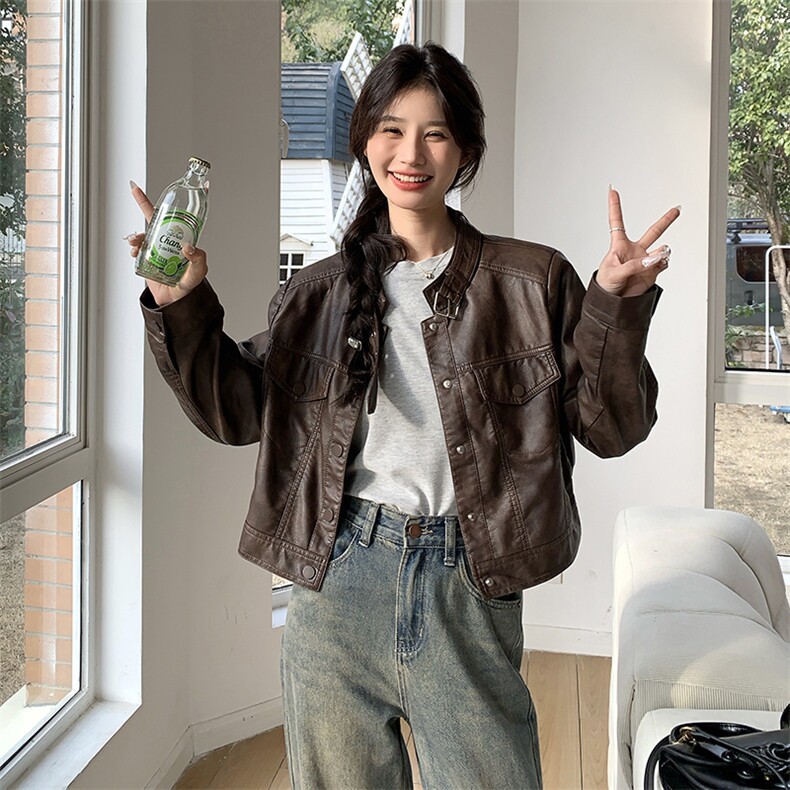 美拉德咖色皮衣短外套女春秋2025新款复古立领机车服休闲夹克上衣,女装皮衣,唛多