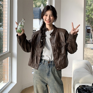 美拉德咖色皮衣短外套女春秋2025新款复古立领机车服休闲夹克上衣图片