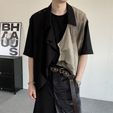 2025夏装新中式大码门襟走秀款印花男女小众穿搭拼接短袖衬衫，男装T恤，星座909